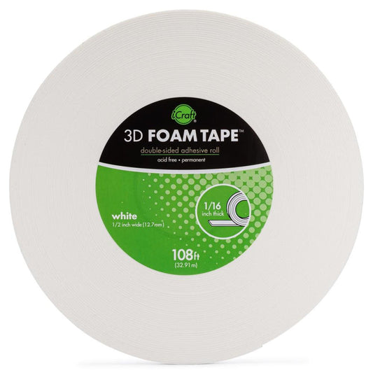 iCraft - 3D Foam Tape - Jumbo Roll - White .5"X108'. 3D Foam tape Jumbo roll is ideal for shaker cards and anywhere you need extra dimension. Perfect for assembling layered cards, scrapbook pages and for popping up sentiments and photos. Available at Embellish Away located in Bowmanville Ontario Canada.