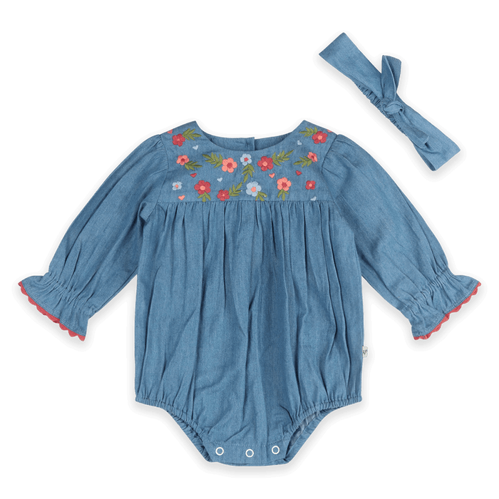 Ida Floral Embroidered Denim Baby Romper & Headband Set (Organic Cotton) - Outfit