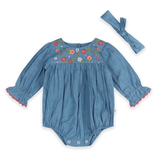 Ida Floral Embroidered Denim Baby Romper & Headband Set (Organic Cotton) - Outfit