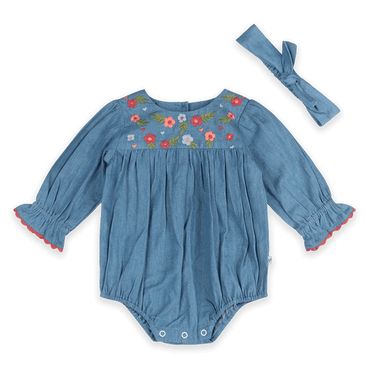 Ida Floral Embroidered Denim Baby Romper & Headband Set (Organic Cotton) - Outfit