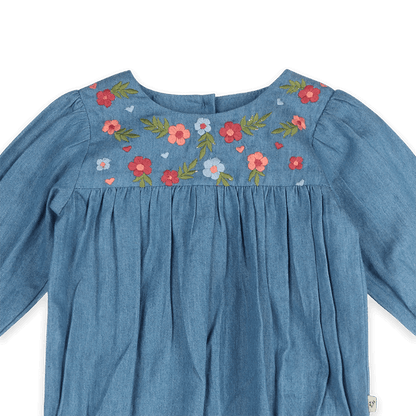 Ida Floral Embroidered Denim Baby Romper & Headband Set (Organic Cotton) - Detail