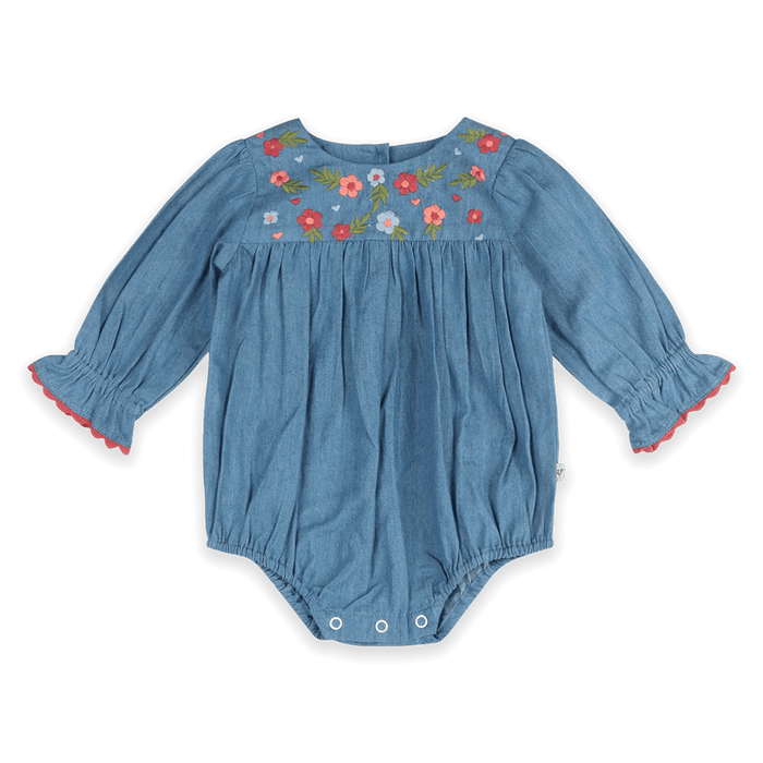 Ida Floral Embroidered Denim Baby Romper & Headband Set (Organic Cotton) - Front