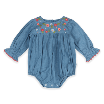 Ida Floral Embroidered Denim Baby Romper & Headband Set (Organic Cotton) - Front