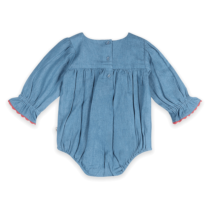 Ida Floral Embroidered Denim Baby Romper & Headband Set (Organic Cotton) - Back