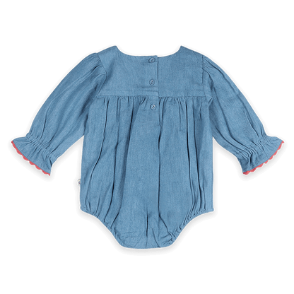 Ida Floral Embroidered Denim Baby Romper & Headband Set (Organic Cotton) - Back