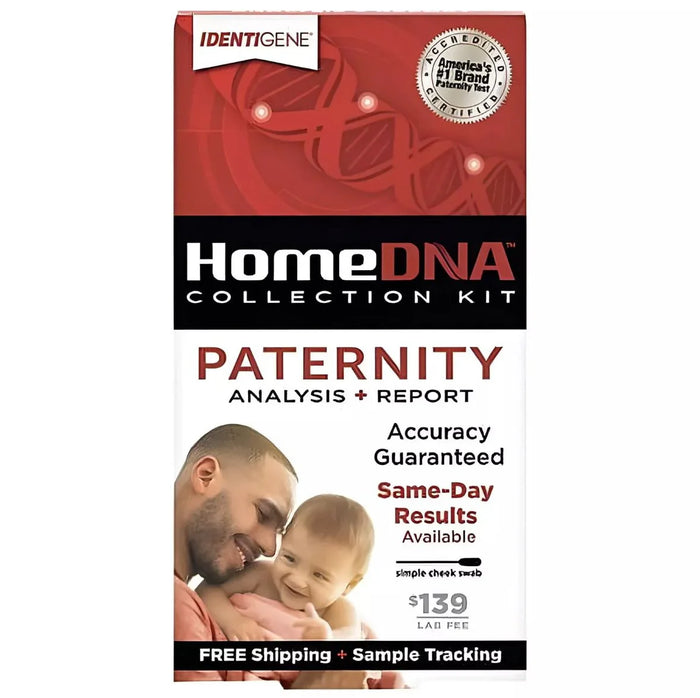 HomeDNA paternity test kit box with smiling man and child, DNA graphics, and test details