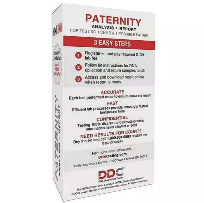 Home DNA paternity test kit box showing testing steps and analysis report details