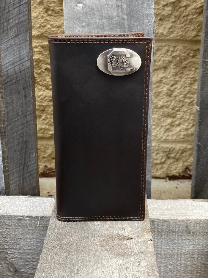 Zep-Pro University of South Carolina Gamecocks Brown “Crazy Horse” Leather Tall Wallet with brass Caroliina Gamecocks concho in upper right corner. Front view