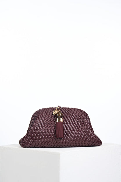 Front of Indigo Black Cherry woven faux leather Oversized Clutch showing the Signature Thames Tassel closure detail