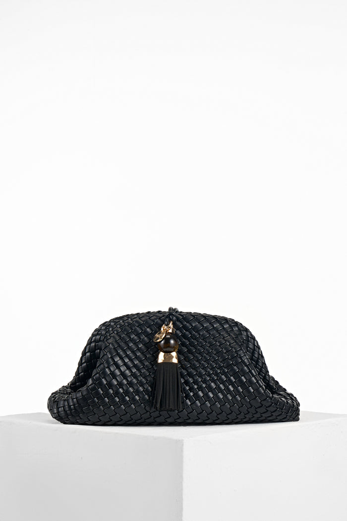 Front of Indigo Black woven faux leather Oversized Clutch showing the Signature Thames Tassel closure detail