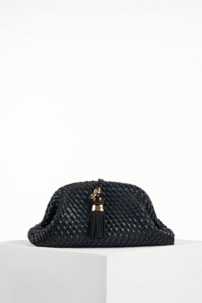 Front of Indigo Black woven faux leather Oversized Clutch showing the Signature Thames Tassel closure detail