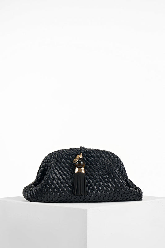 Front of Indigo Black woven faux leather Oversized Clutch showing the Signature Thames Tassel closure detail