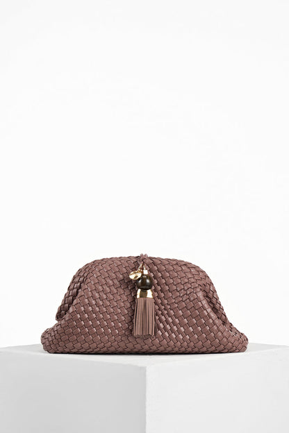 Front of Indigo Pecan woven faux leather Oversized Clutch showing the Signature Thames Tassel closure detail
