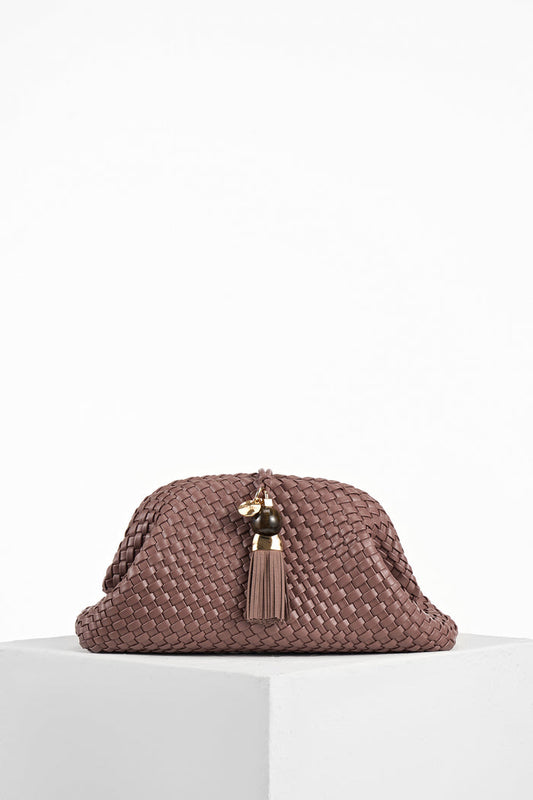 Front of Indigo Pecan woven faux leather Oversized Clutch showing the Signature Thames Tassel closure detail