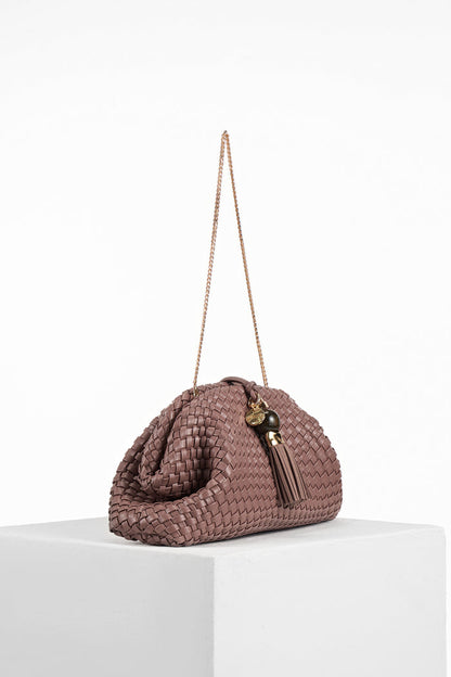 Side view of Indigo Pecan woven faux leather Oversized Clutch showing the gold clasp closure and detachable gold metal chain shoulder strap