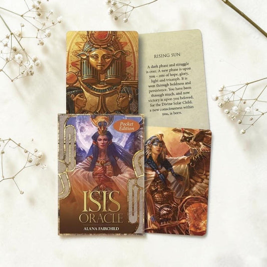 Isis Oracle cards on a light background with decorative elements