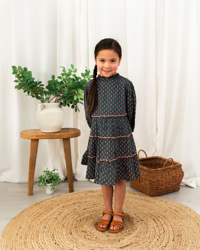 Viverano Jasmine Layered Girl Dress - Forest Green (Organic Cotton) - Front View