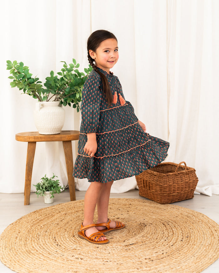 Viverano Jasmine Layered Girl Dress - Forest Green (Organic Cotton) -  Side View