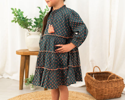 Viverano Jasmine Layered Girl Dress - Forest Green (Organic Cotton) - Detail View