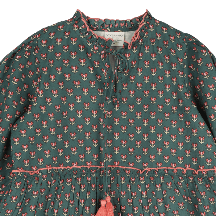 Jasmine Layered Girl Dress - Forest Green (Organic Cotton) - Detail