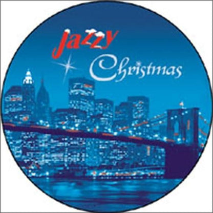 Jazzy Christmas CD in collector's tin with city skyline and night bridge design