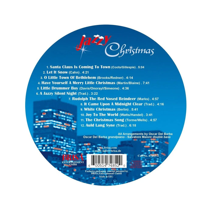 Jazzy Christmas audio CD with festive song list, blue cityscape background, and album details.