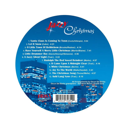 Jazzy Christmas audio CD with festive song list, blue cityscape background, and album details.