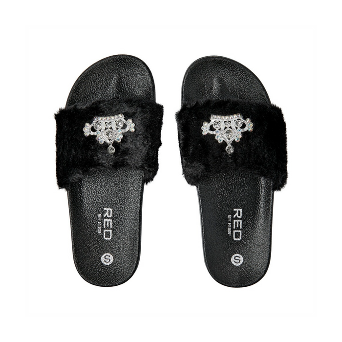 Jewel Fur Slipper [Black] #FW30 Small