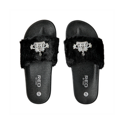 Jewel Fur Slipper [Black] #FW30 Small