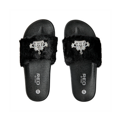 Jewel Fur Slipper [Black] #FW30 Small