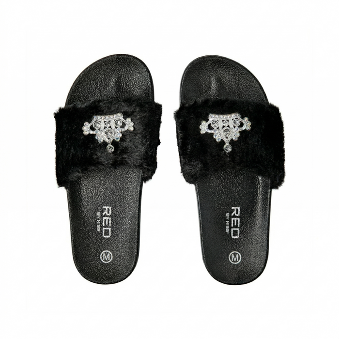 Jewel Fur Slipper [Black] #FW31 Medium