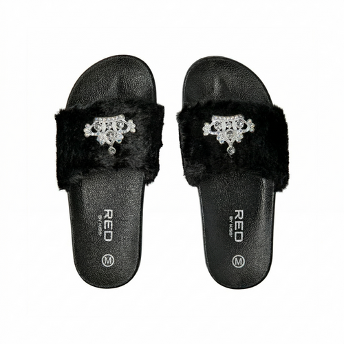 Jewel Fur Slipper [Black] #FW31 Medium