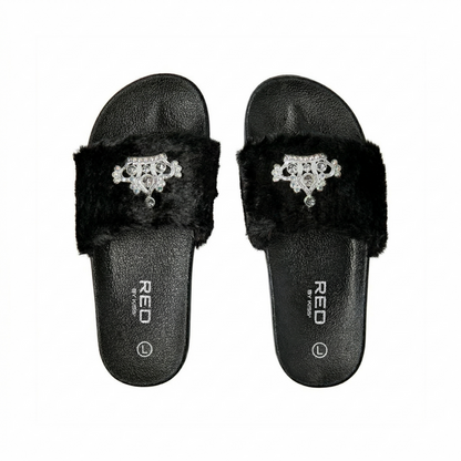 Jewel Fur Slipper [Black] #FW32 Large