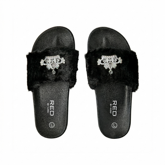 Jewel Fur Slipper [Black] #FW32 Large