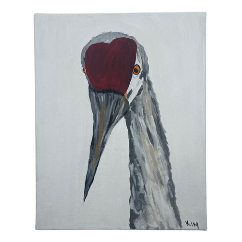 Painting of a crane with a red face on a light gray background