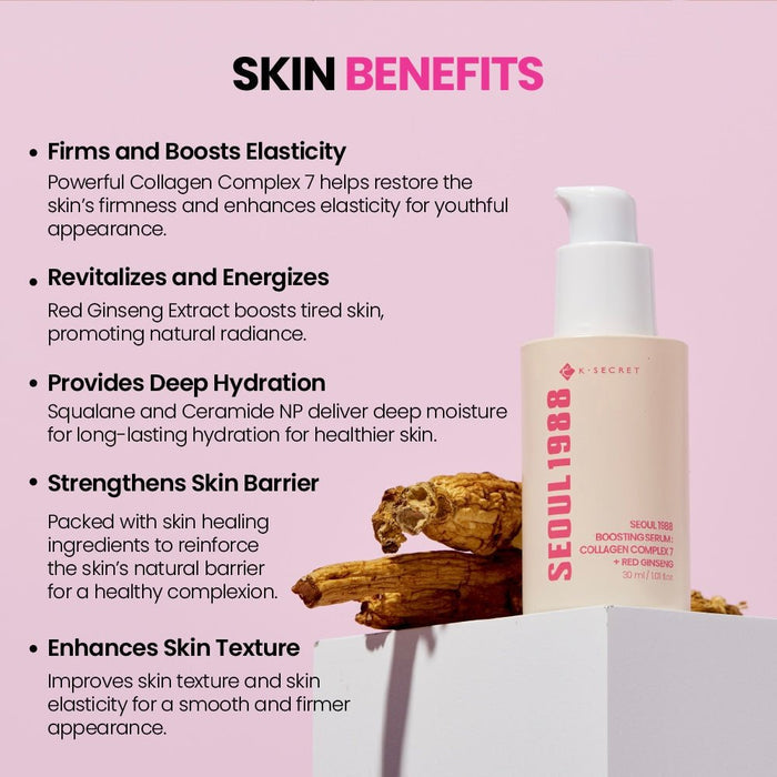 K - Secret Seoul 1988 Boosting Serum: Collagen Complex 7 + Red Ginseng 30ml سيروم كي سيكريت سيول ١٩٨٨ المعزز: مركب الكولاجين ٧ + الجينسنغ الأحمر - Princess Cosmetics Qatar