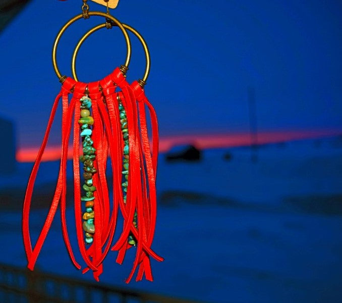 Kinsel Red turquoise Chip Deerskin Leather fringe earrings