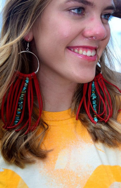 Kinsel Red turquoise Chip Deerskin Leather fringe earrings