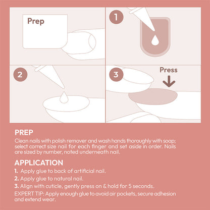 Kiss Bare But Better nails application instruction card showing prep steps glue application and nail pressing