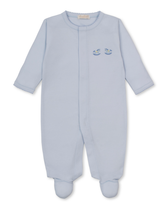 Kissy Kissy Snap Footie with Hand Stitched Embroidery in Blue Rockers