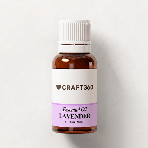 Bottle of Craft360 lavender essential oil on a white background