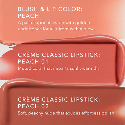 No Makeup Makeup – Three shades of peach Creme Classic Lipstick with descriptions, natural minimal makeup