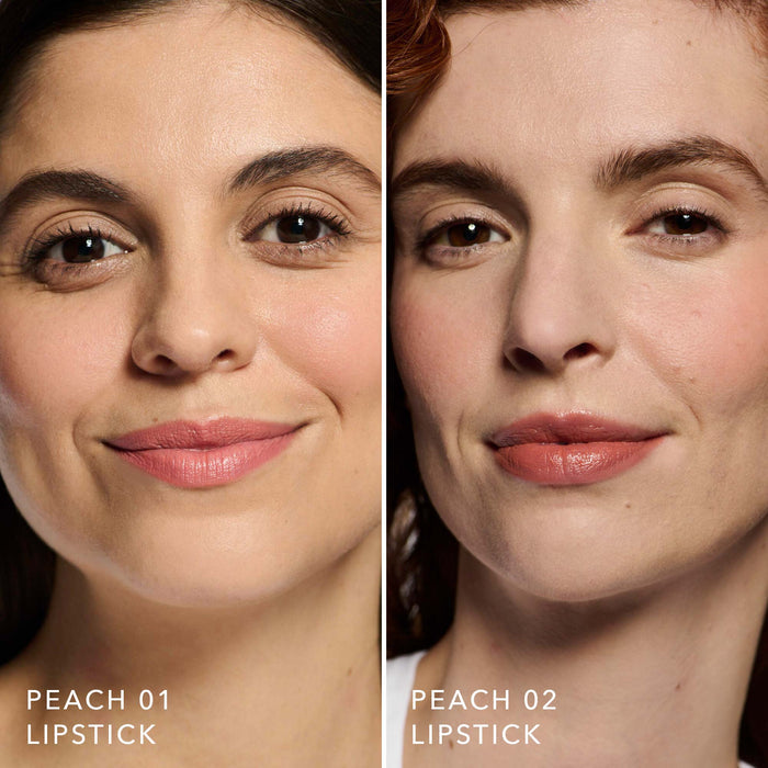 No Makeup Makeup – Two close-up views of a woman's face with different peach-colored Creme Classic Lipsticks labeled 'Peach 01' and 'Peach 02', natural minimal makeup