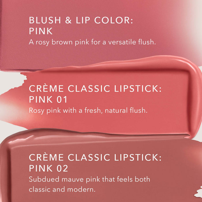 No Makeup Makeup – 3 Creme Classic Lipstick shades with pink swatches and text descriptions, natural minimal makeup