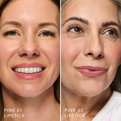 No Makeup Makeup – Two close-up views of a woman's face with different shades of pink Creme Classic Lipstick, natural minimal makeup