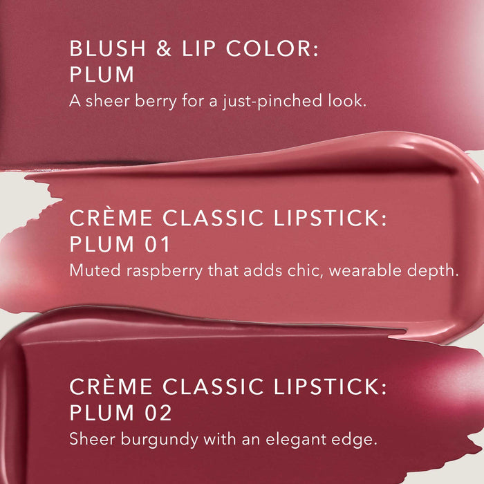 No Makeup Makeup – 3 shades of plum Creme Classic Lipstick swatches with color description, natural minimal makeup