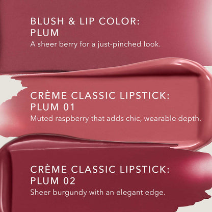No Makeup Makeup – 3 shades of plum Creme Classic Lipstick swatches with color description, natural minimal makeup