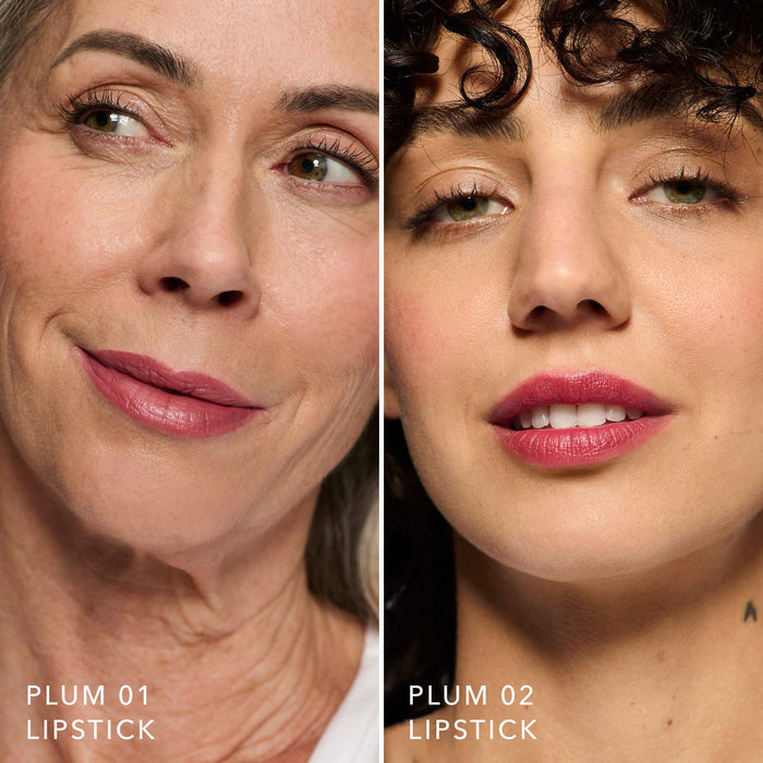 No Makeup Makeup – Two close-up images of women wearing plum-colored Creme Classic Lipsticks, natural minimal makeup