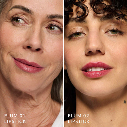 No Makeup Makeup – Two close-up images of women wearing plum-colored Creme Classic Lipsticks, natural minimal makeup