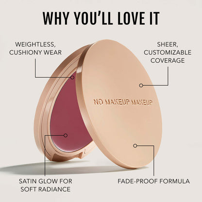 No Makeup Makeup – Plum Blush & Lip compact with features listed on a white background, natural minimal makeup